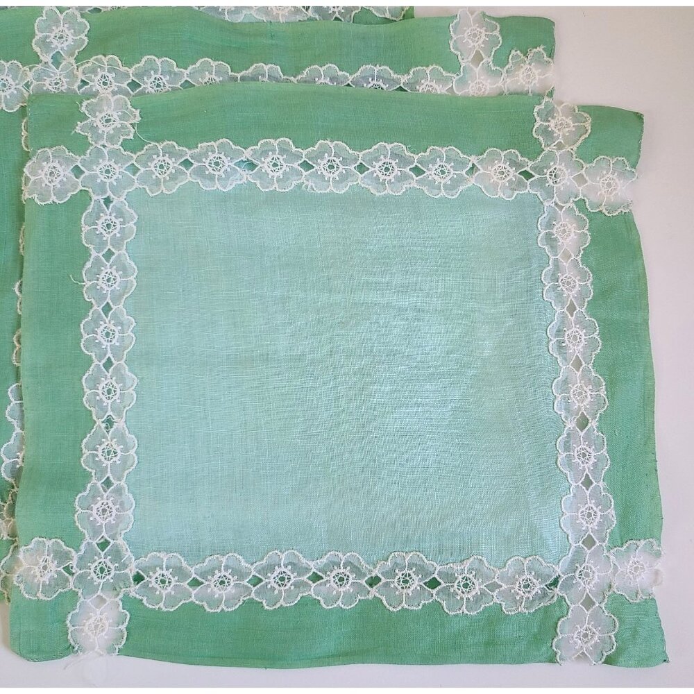 Vintage Green Linen Napkins Doilies White Floral Lace Embroidery Set Of 6 - Picture 5 of 10
